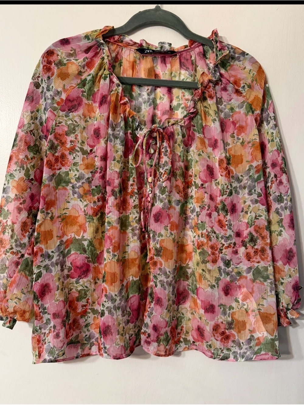 Zara Pastel Metallic Thread Floral Oversize Tie-Neck 3/4 Sleeve Blouse Sz M